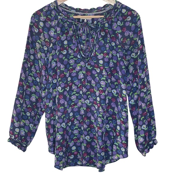 Rebecca Taylor Silk Floral Print Long Sleeve Tie Neck Blouse TopWomens‎